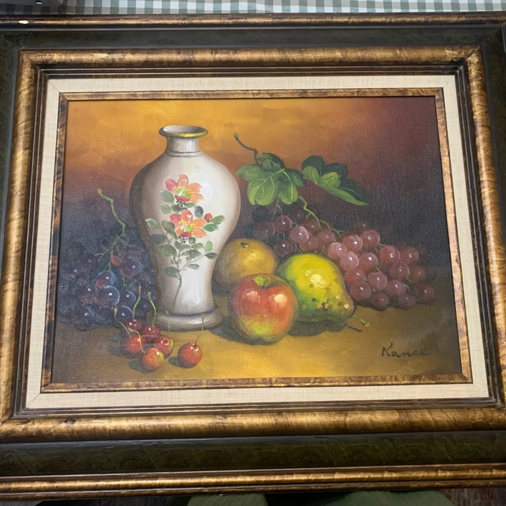 Vintage Vibrant Still Life Painting with Vase and Fruit - Picture 1 of 5